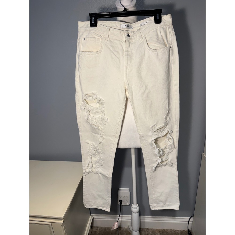 Guess Los Angeles Boy Fit White Distressed Ripped Jeans Size 28 Womens